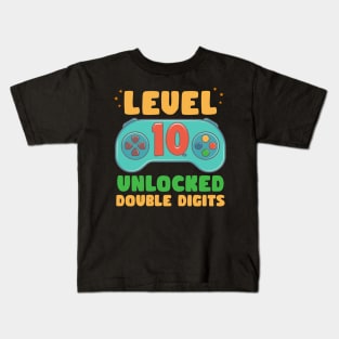 Level 10 Unlocked Double Digits Tee 10th Birthday Gift For Gamer 10 Year Old Gaming Birthday Custom Gamer Name Tee copy Kids T-Shirt